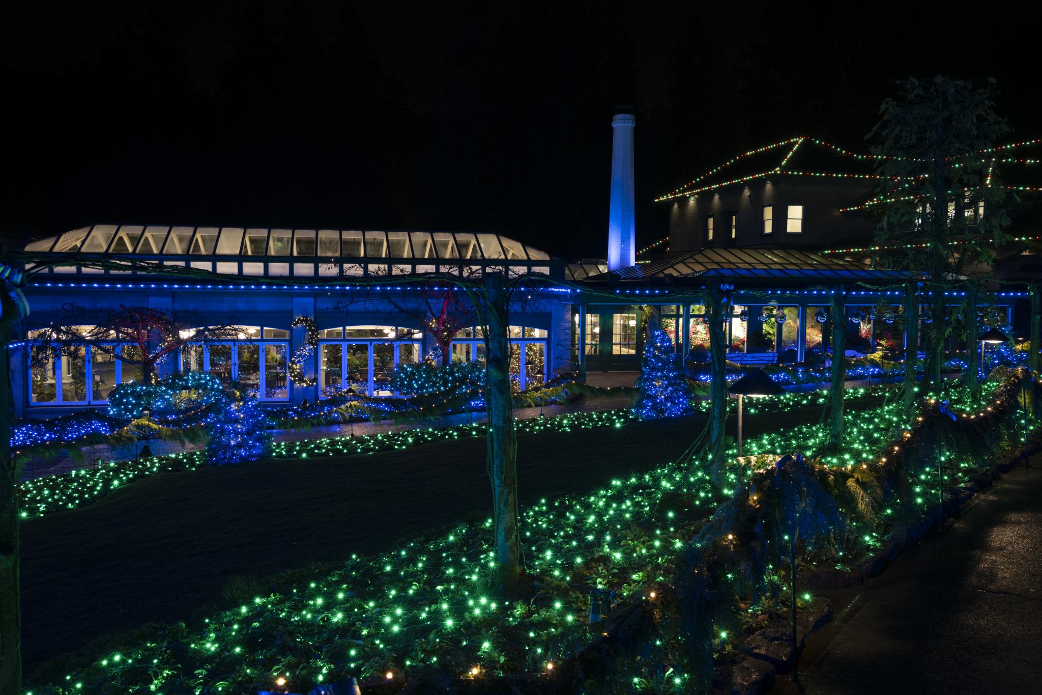 The Blue Poppy Restaurant building and Show Greenhouse, decorated with holiday lights are both featured in the photo. The flower beds that line the 'Start Here' walk are in the foreground.