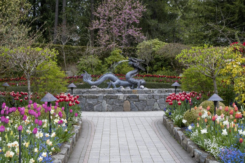 Dragon Fountain in spring time surrounded by brightly coloured tulips.