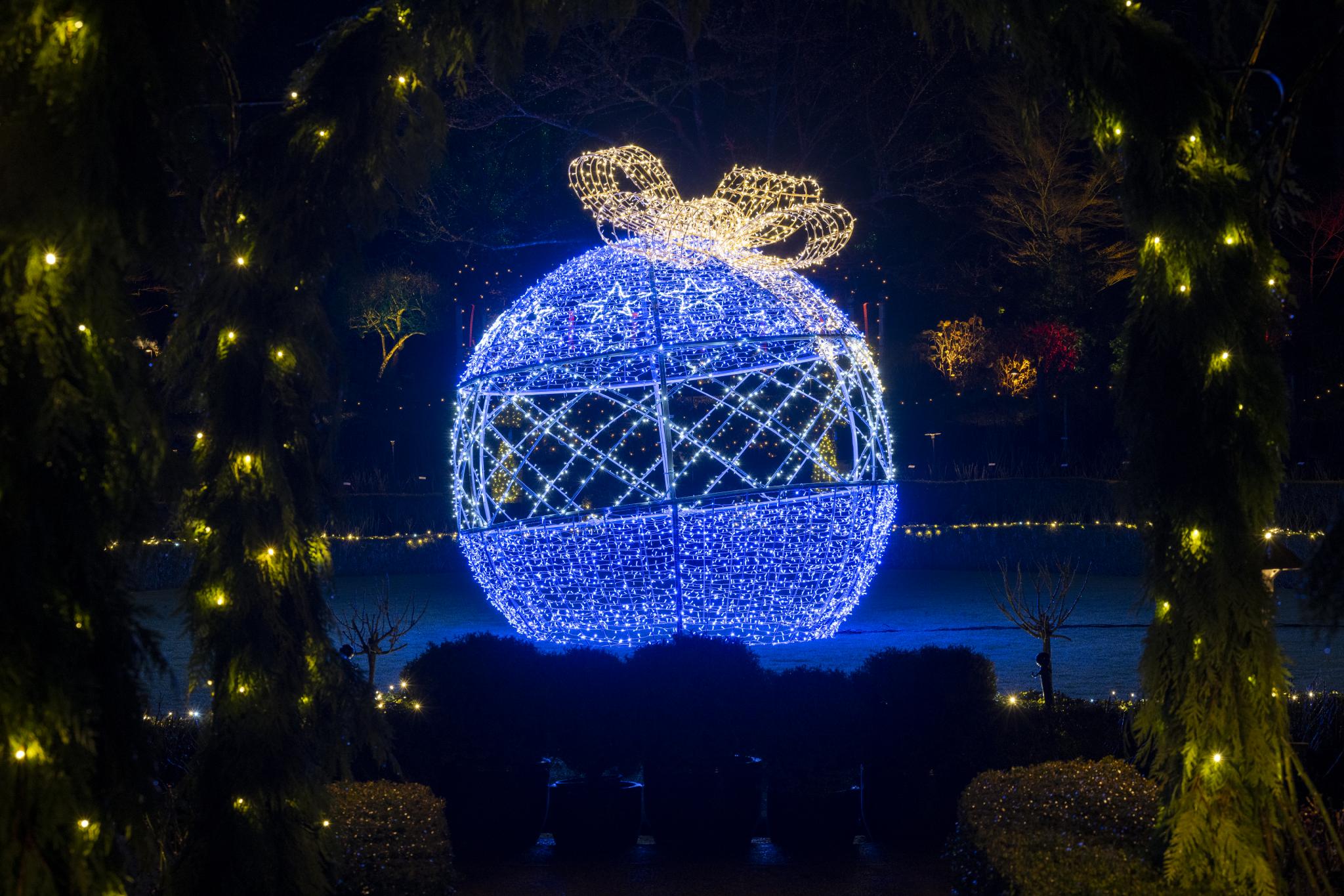 Larger than life size blue Christmas ornament display sitting on the grass in the center of the Rose Garden.