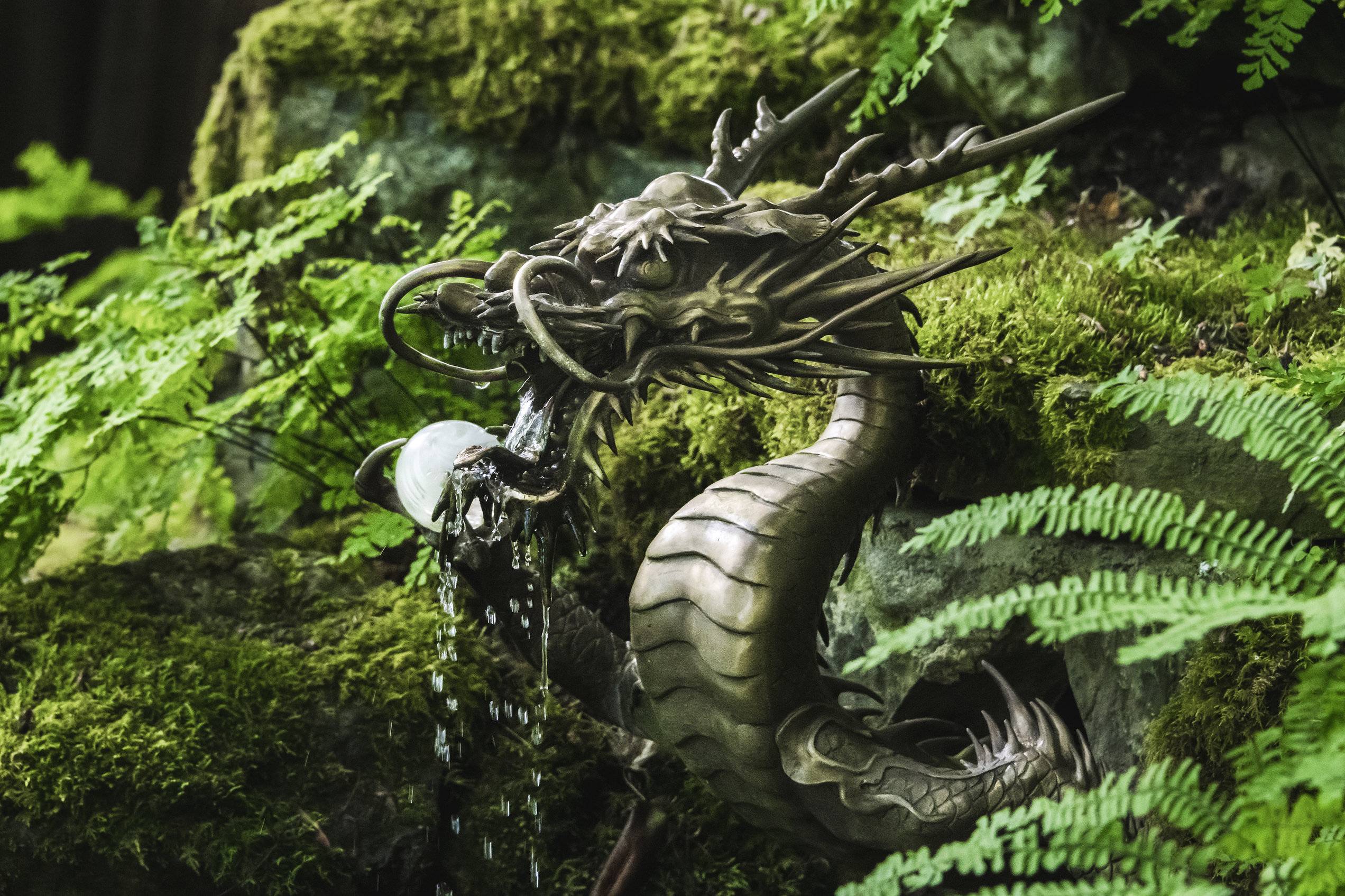 Close up view of a bronze dragon water feature, holding a small cloudy crystal ball with water dripping from its mouth.