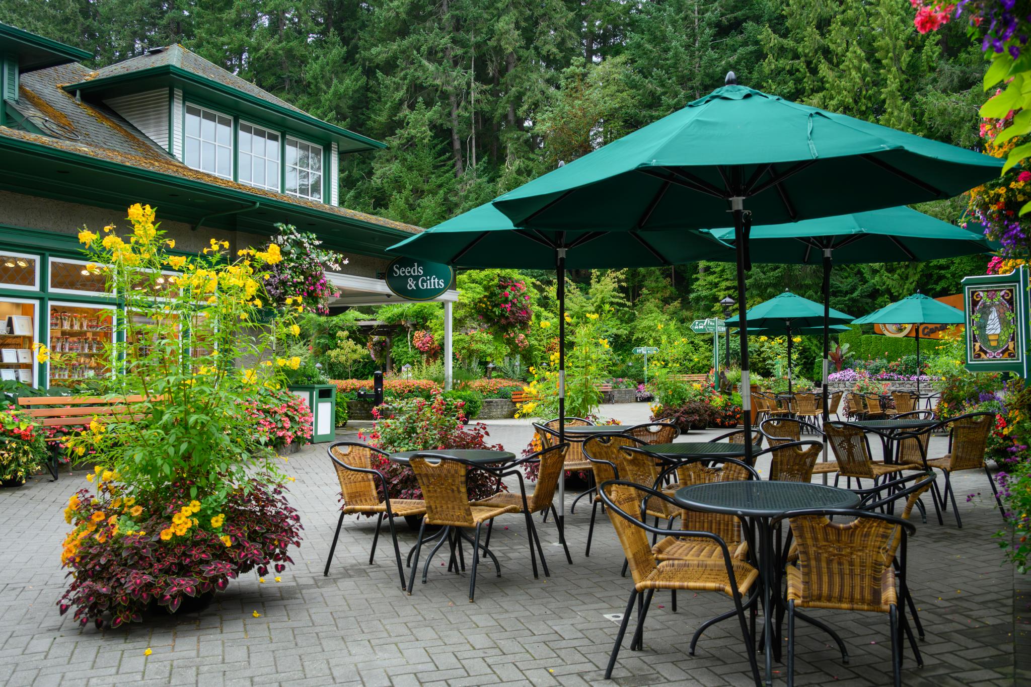 Table and chairs set on a patio with large green umbrellas. A store
