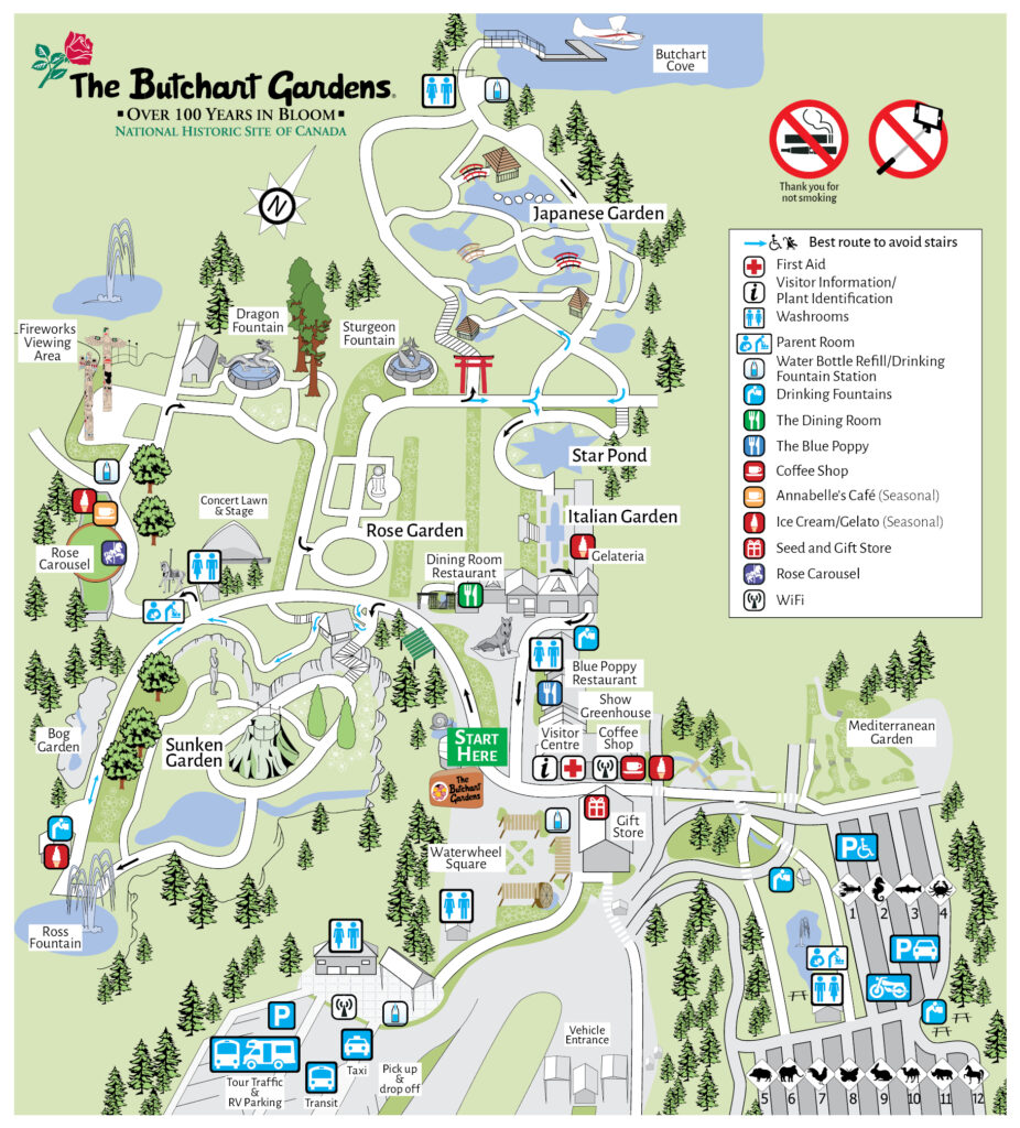 Map of The Butchart Gardens, detailing various sections including the Japanese Garden, Rose Garden, Italian Garden, and Sunken Garden. Key features such as pathways, ponds, and points of interest are marked, along with symbols indicating rules and amenities