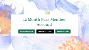 A digital interface displaying options for a 12-month membership account, featuring buttons for account login, account creation, and pass renewal. The background includes soft watercolor illustrations of flowers in shades of blue and orange