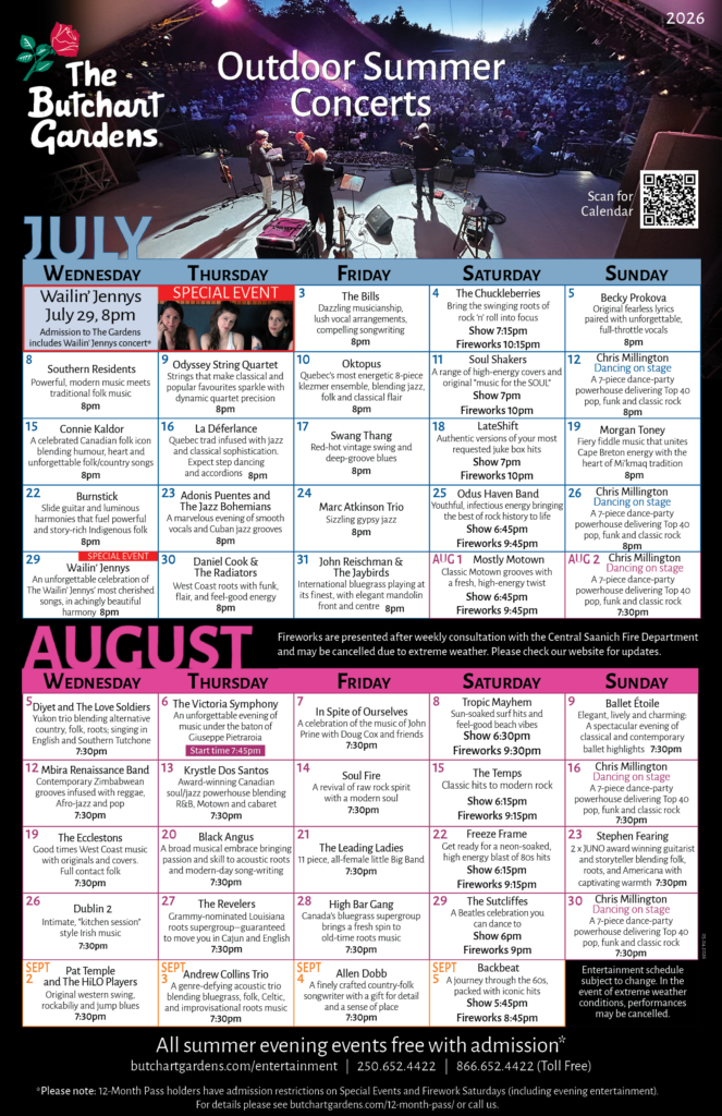 A concert schedule for the Butchart Gardens, detailing events for July and August 2026. The layout includes dates, days of the week, and names of performing artists or groups. The design features a colorful background with a prominent heading and a QR code for additional information
