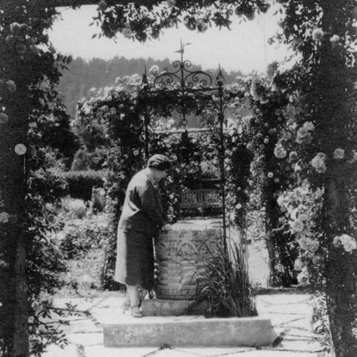 A person stands beside a large, decorative stone well, surrounded by climbing roses and lush greenery. The well is partially obscured by a wrought iron arch adorned with flowers. The scene is set in a garden with stone pathways and trees in the background