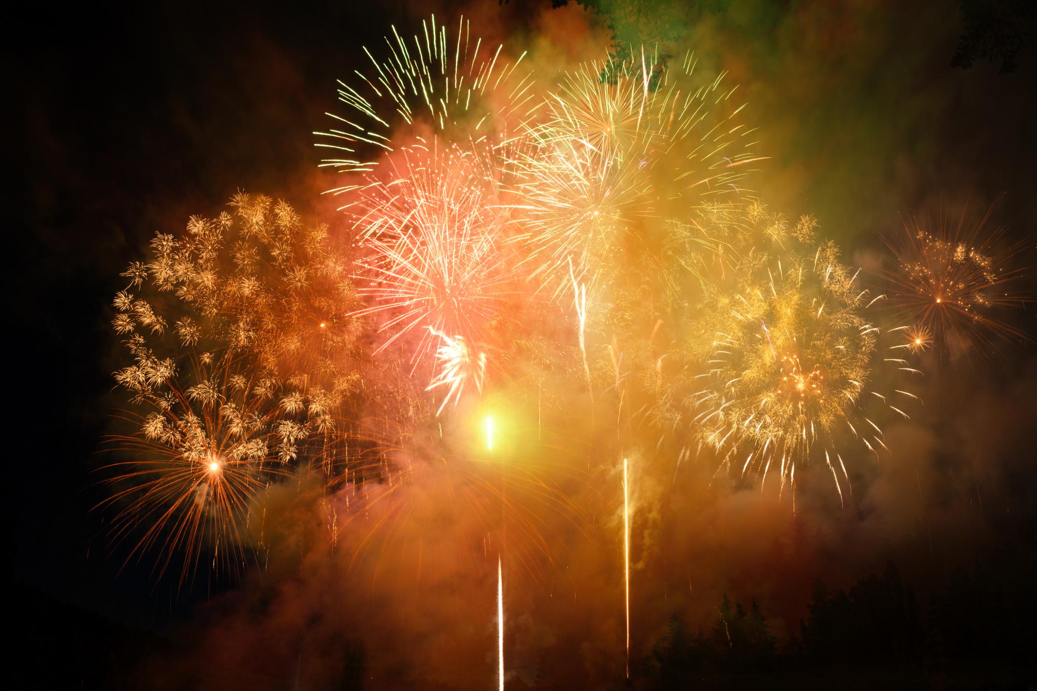 A display of colorful fireworks bursting in the night sky, featuring various shapes and sizes, including round and star-like patterns. The colors include bright reds, yellows, greens, and blues, creating a vibrant and festive atmosphere. Smoke partially obscures some of the fireworks, enhancing the visual effect