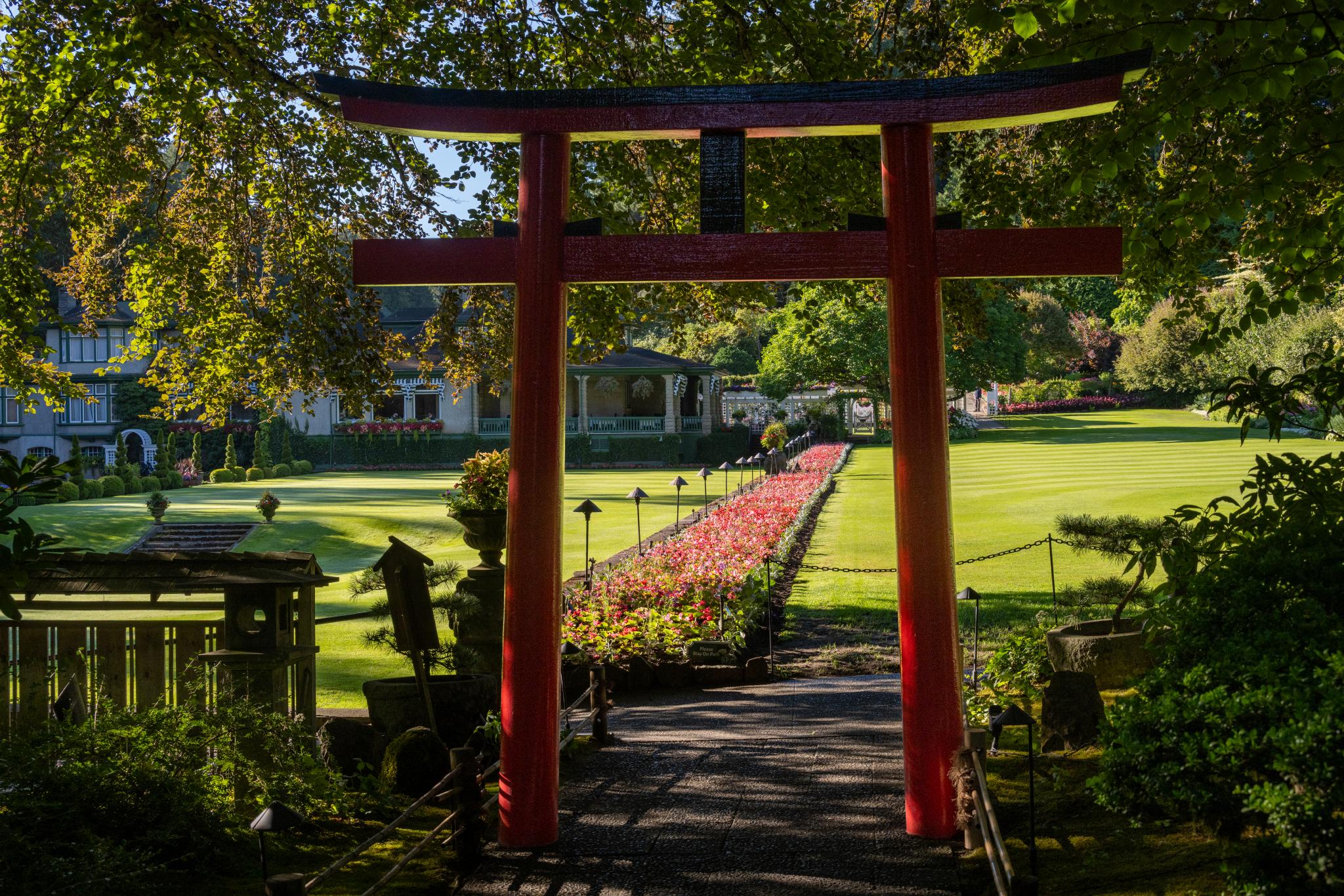 A red torii gate stands at the entrance to a landscaped garden, leading to a pathway lined with colorful flower beds. The background features a large, manicured lawn and a building partially obscured by trees. The scene is illuminated by soft sunlight filtering through the foliage