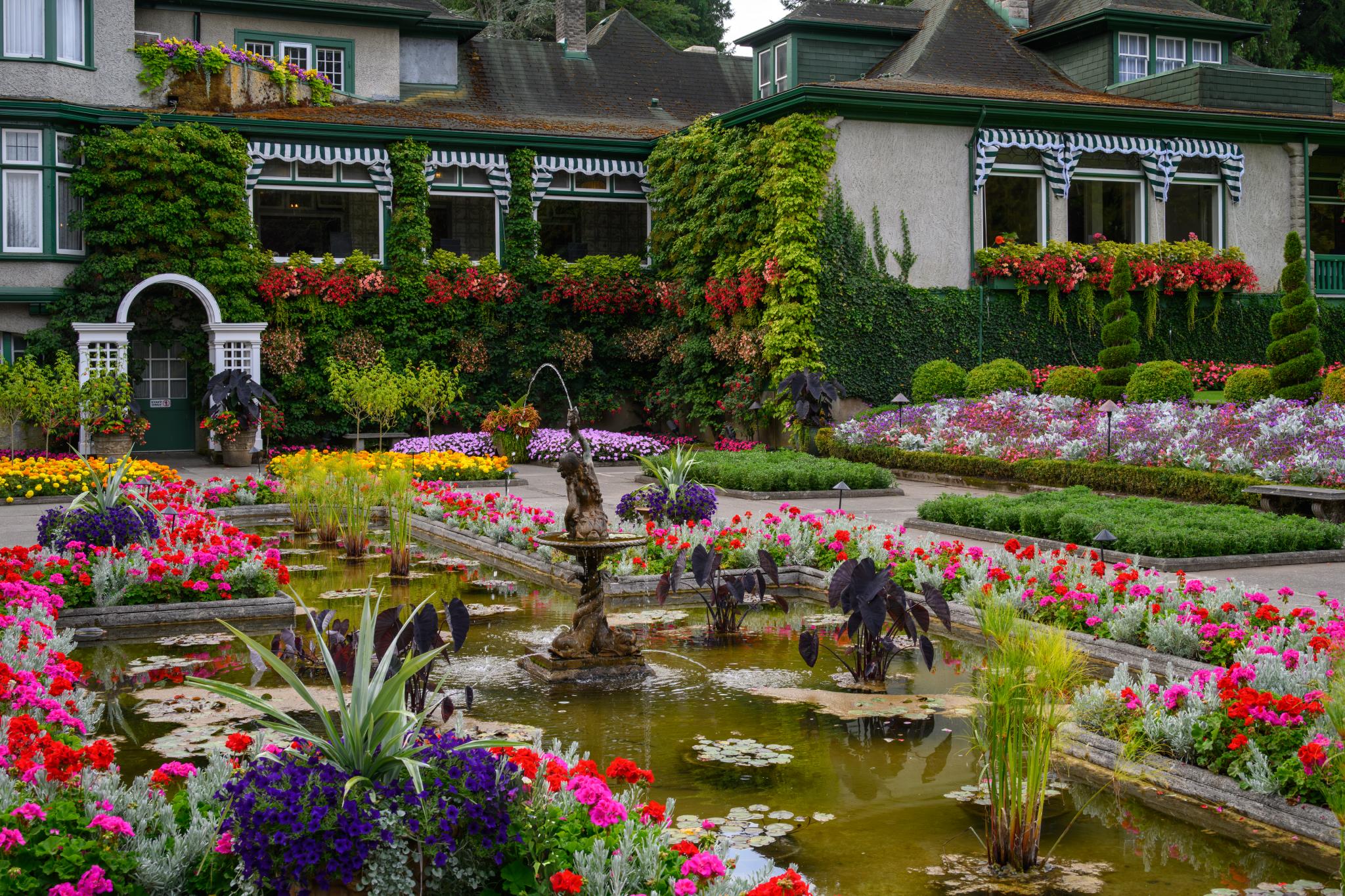Un jardin paysager comprenant un bassin central orné d'une fontaine, entouré de parterres de fleurs colorés. Ces parterres abritent une grande variété de plantes à fleurs, principalement dans des tons de rose, de rouge et de violet. À l'arrière-plan, on aperçoit un bâtiment partiellement recouvert de végétation, dont les jardinières décoratives sont remplies de fleurs. L'ensemble de la scène est éclatant et parfaitement entretenu.   