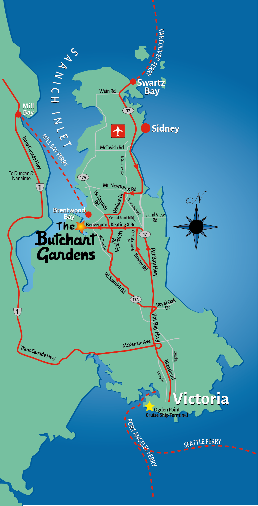 Carte du sud de l'île de Vancouver, en Colombie-Britannique, mettant en évidence l'emplacement des jardins Butchart, près de Brentwood Bay. Parmi les principaux points de repère figurent Victoria, Swartz Bay et Sidney ; les routes et les itinéraires de ferry sont indiqués. Une rose des vents est représentée dans le coin inférieur droit.  