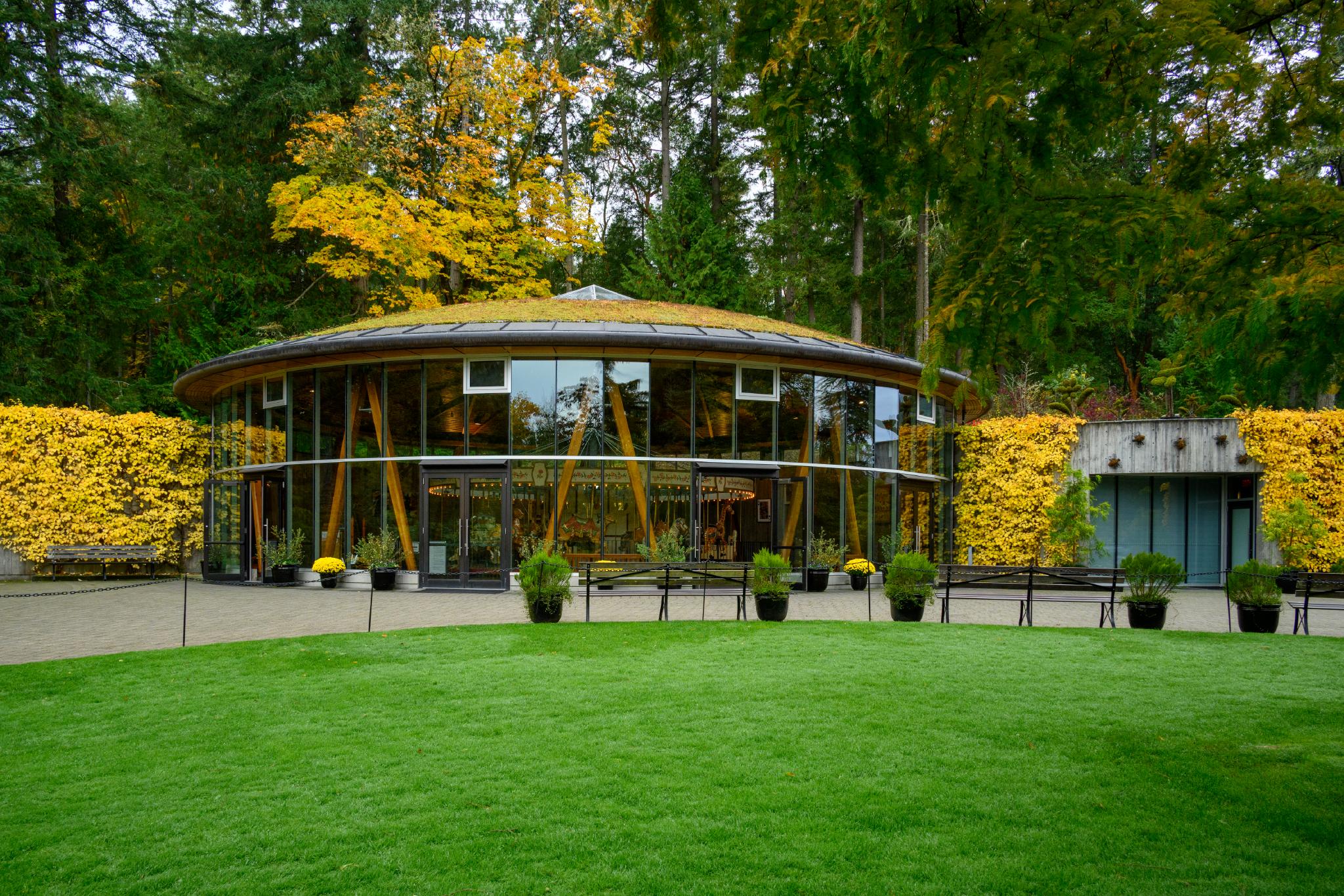 A modern circular building with large glass windows and a wooden roof, surrounded by lush green grass. The exterior features a vibrant yellow and green foliage backdrop, indicating the presence of trees in the surrounding area. Potted plants are arranged along the pathway leading to the entrance